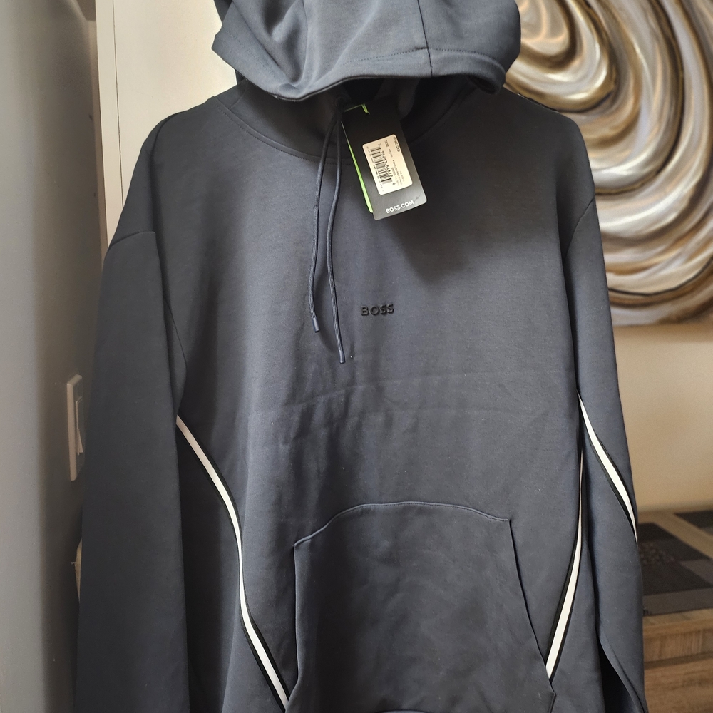 BOSS Men's Navy Hoodie with Contrast Piping